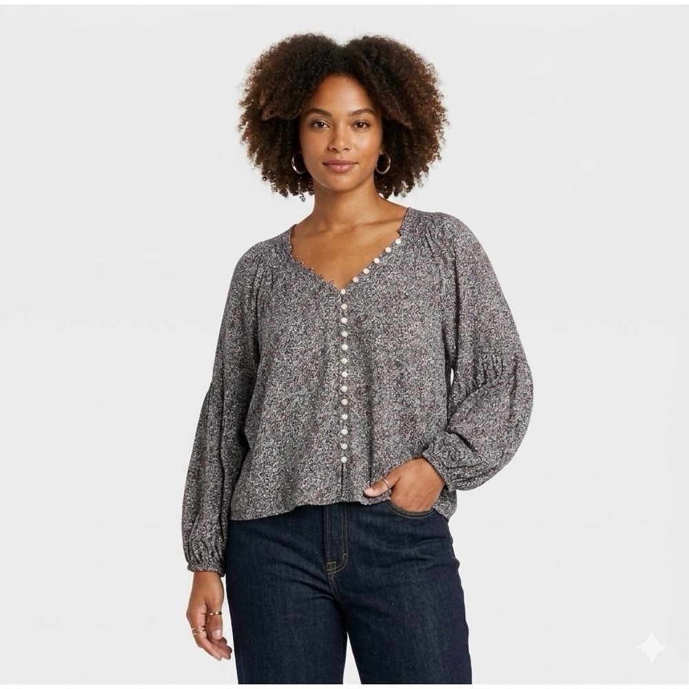 Women Balloon Long Sleeve Button-Down Blouse Ditsy Flower All Over Print Prairie
